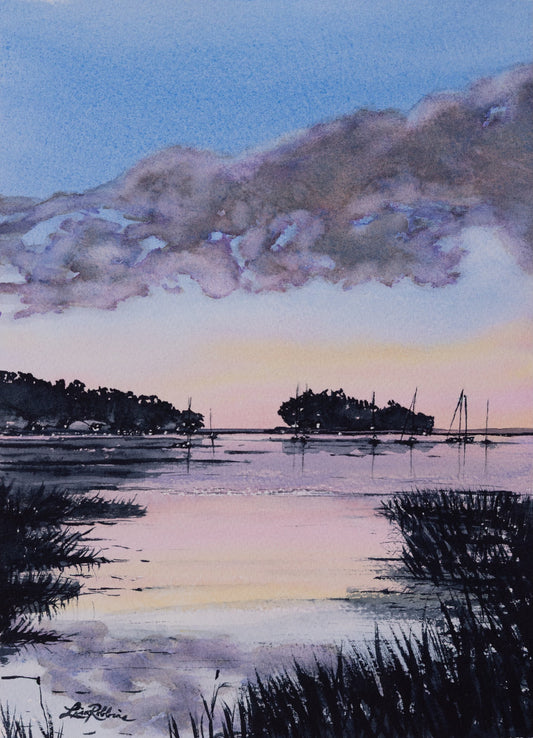 Painting of a tranquil landscape with water, grass, and distant hills at sunset.