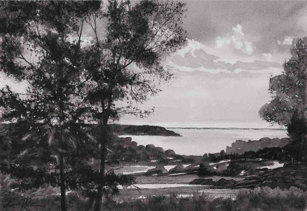 Black and white landscape drawing of a coastal scene with trees and fields.