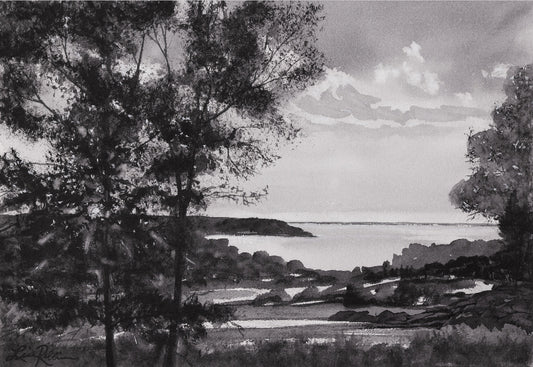 Black and white landscape drawing of a coastal scene with trees and fields.